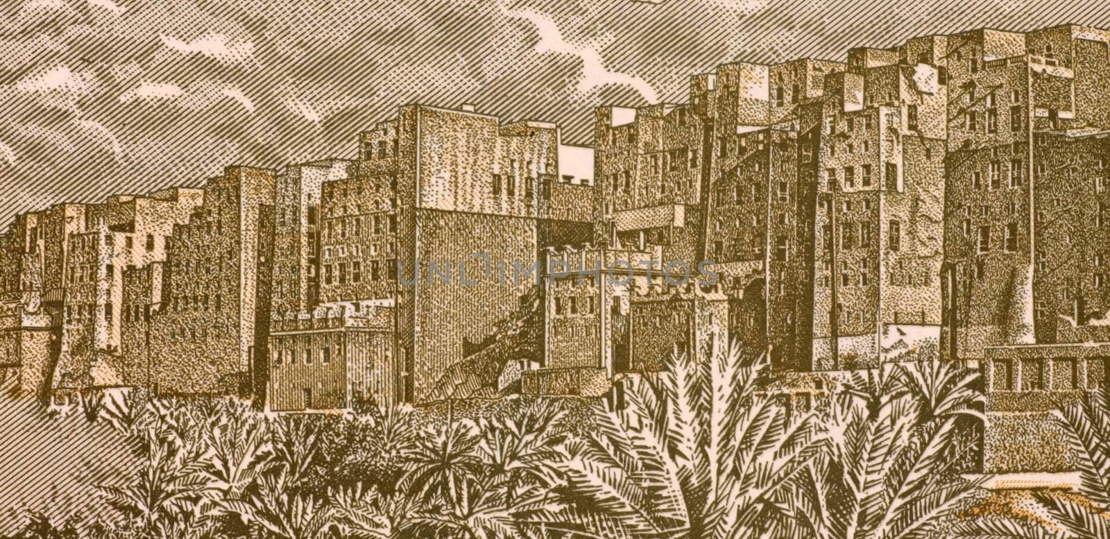 Shibam City on 50 Rials 1993 Banknote from Yemen. The houses of Shibam are all made of mud bricks and about 500 of them are tower houses that rise 5 to 16 stories high while each floor has one or two apartments.