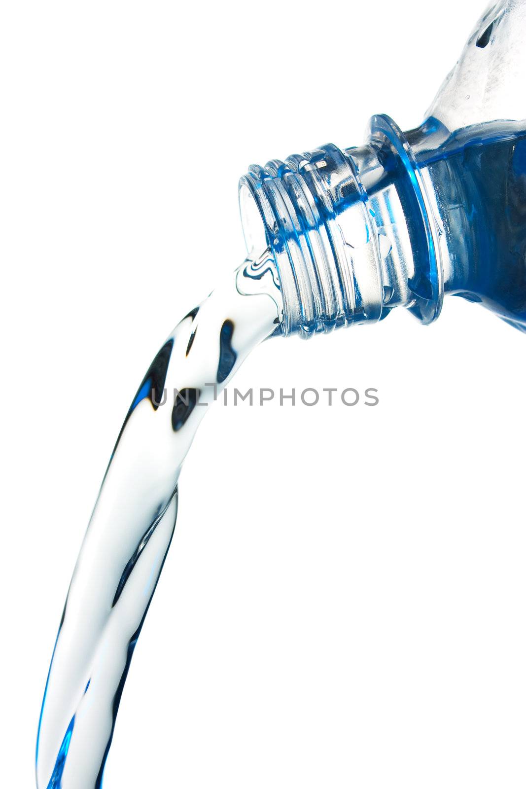 stream of water flows from the bottle Isolated on white background