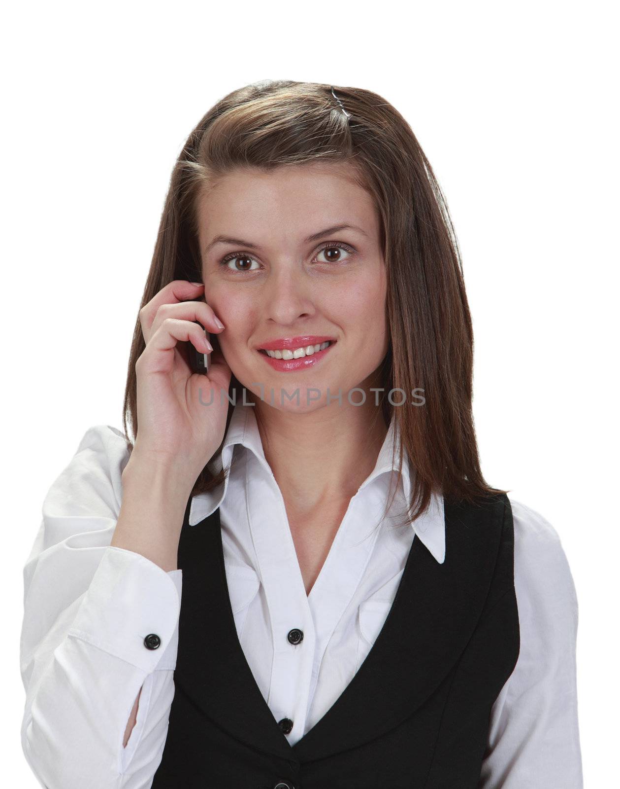 Portrait of a young woman on the phone, isolated against a white background.