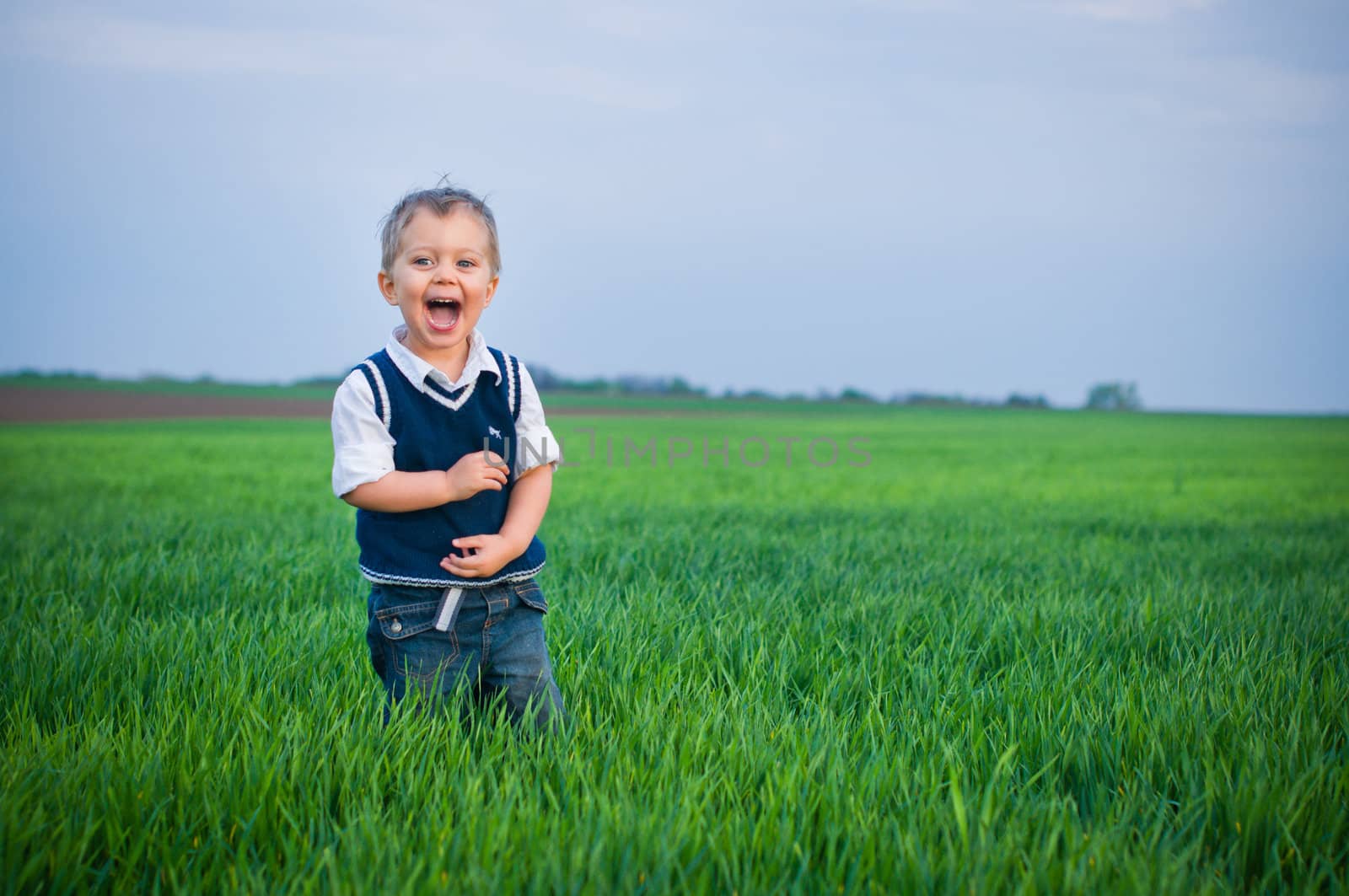 A beautiful little boy staing in the grass by maxoliki