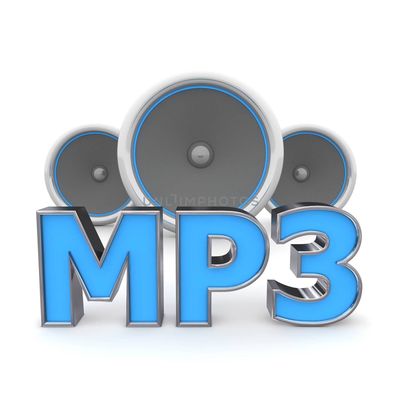 word MP3 with three speakers in background - blue style