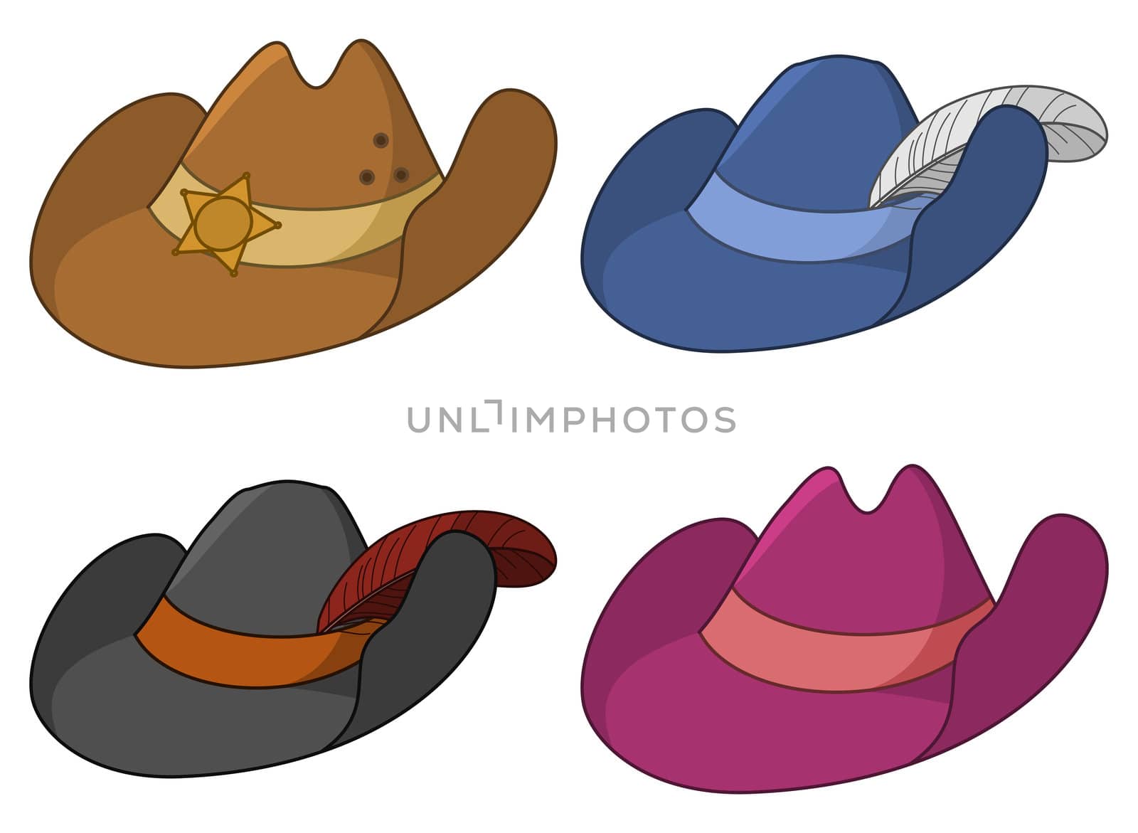 set of ancient hats: the sheriff, the musketeer, the robber and the gentleman