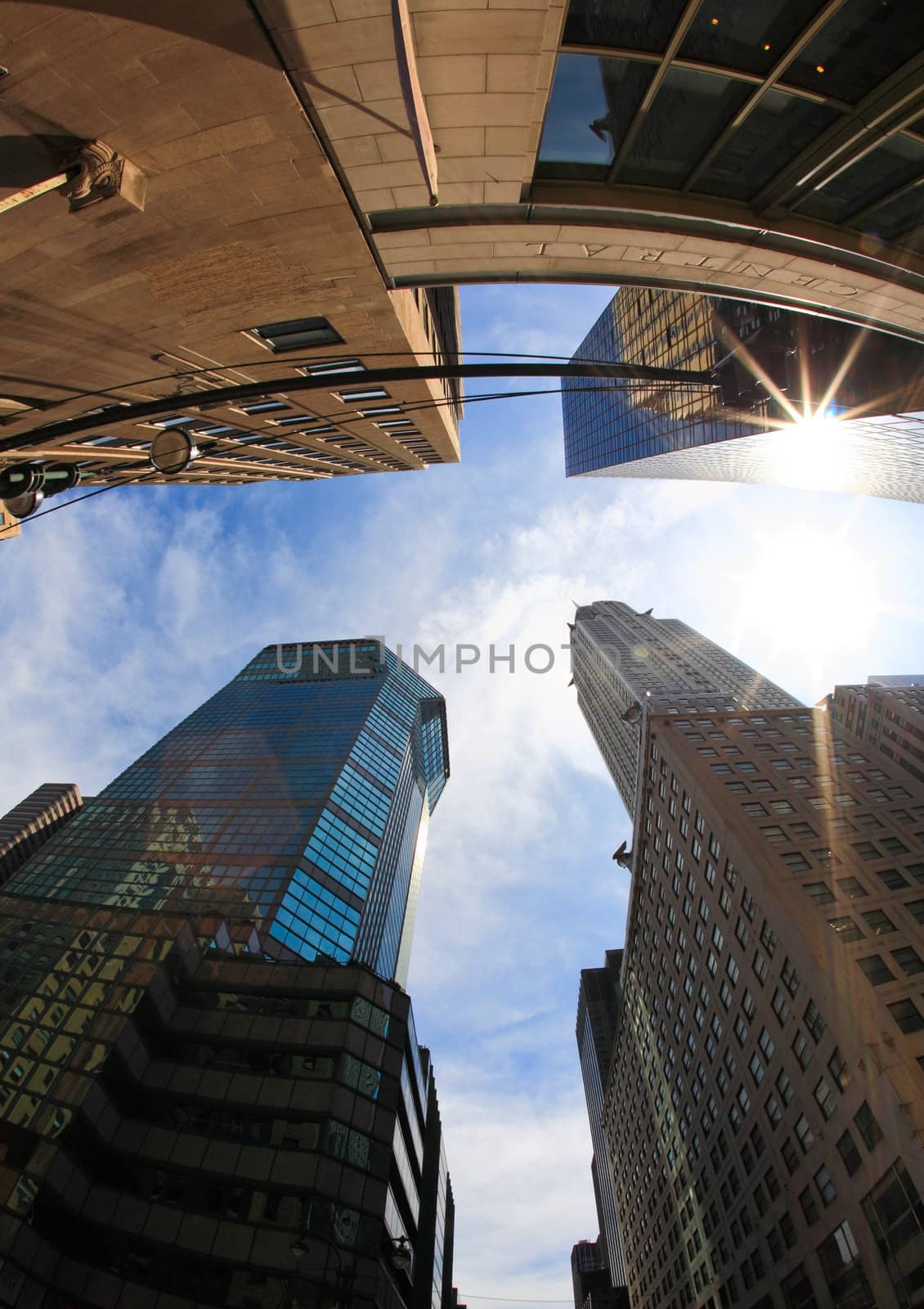 The Chrysler building and other skyscrapers near grand central station in NYC (a fisheye view)