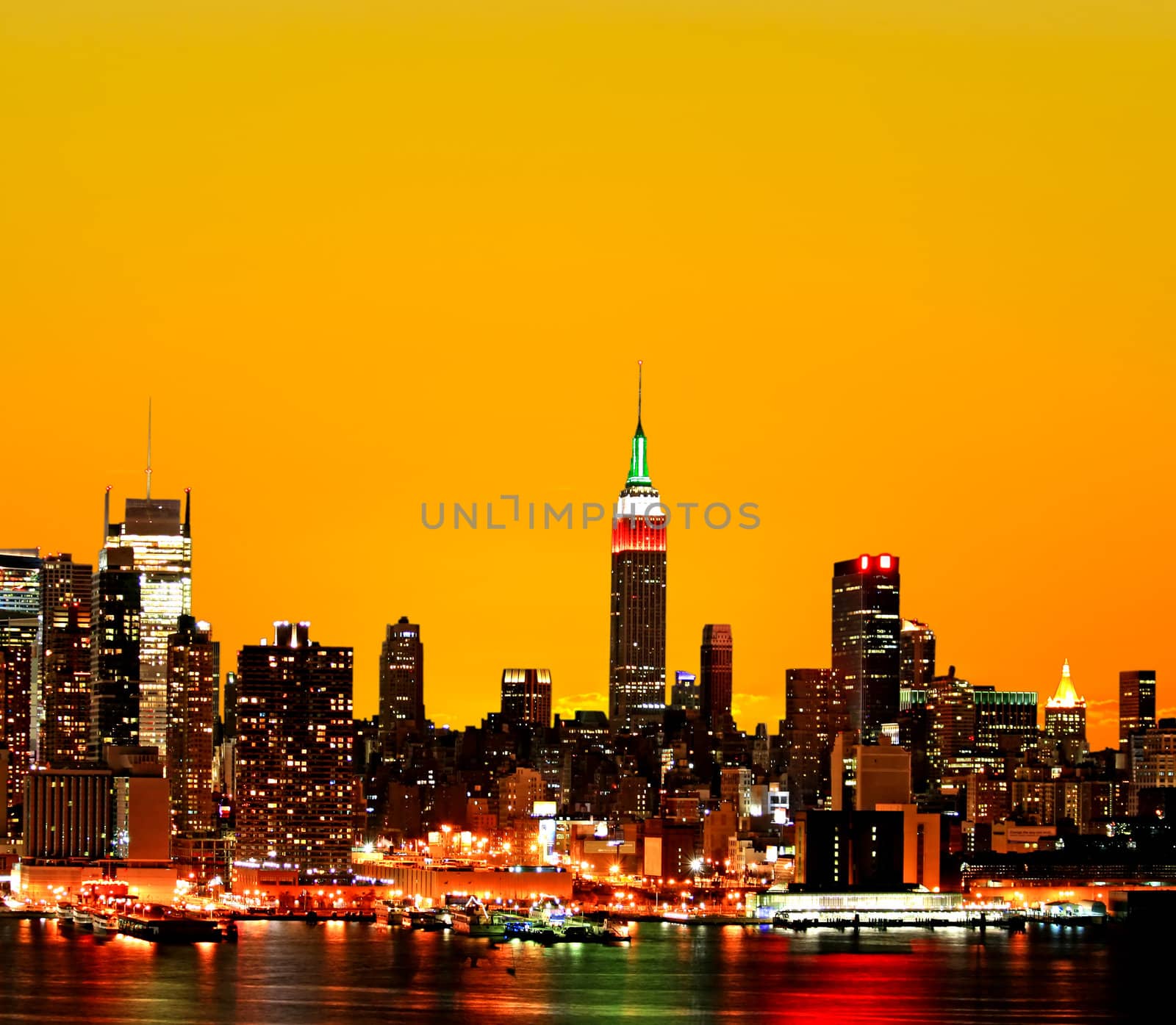 The New York City midtown skyline at sunrise