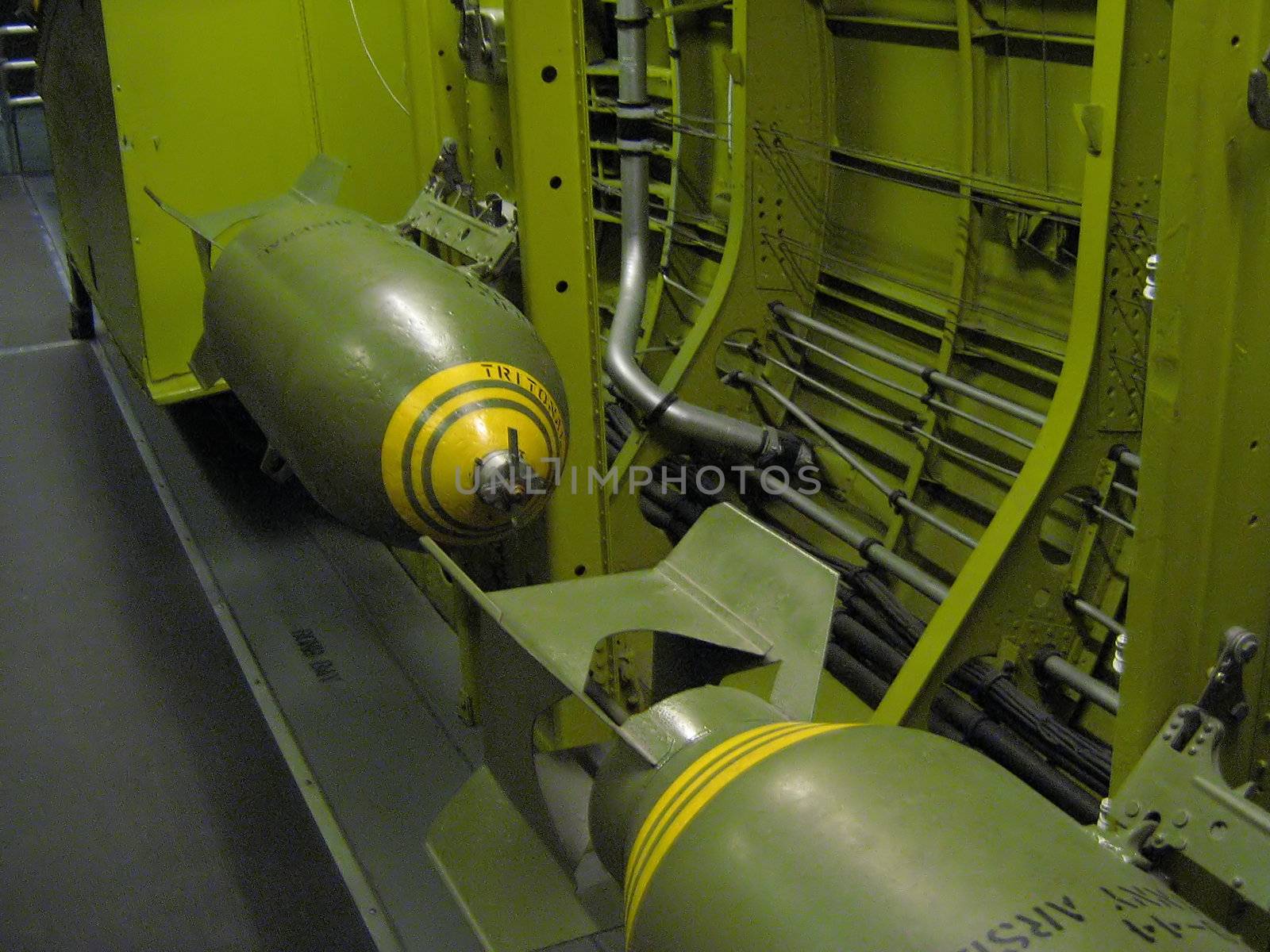 A photograph of a replica bomb used by military aircraft.