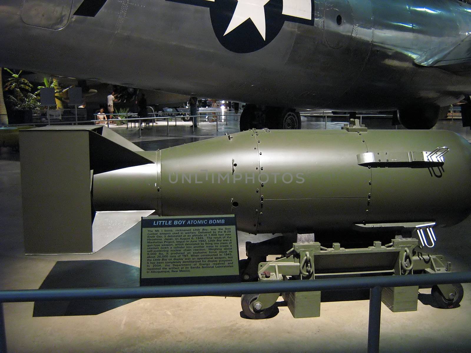 A photograph of a replica bomb used by military aircraft.