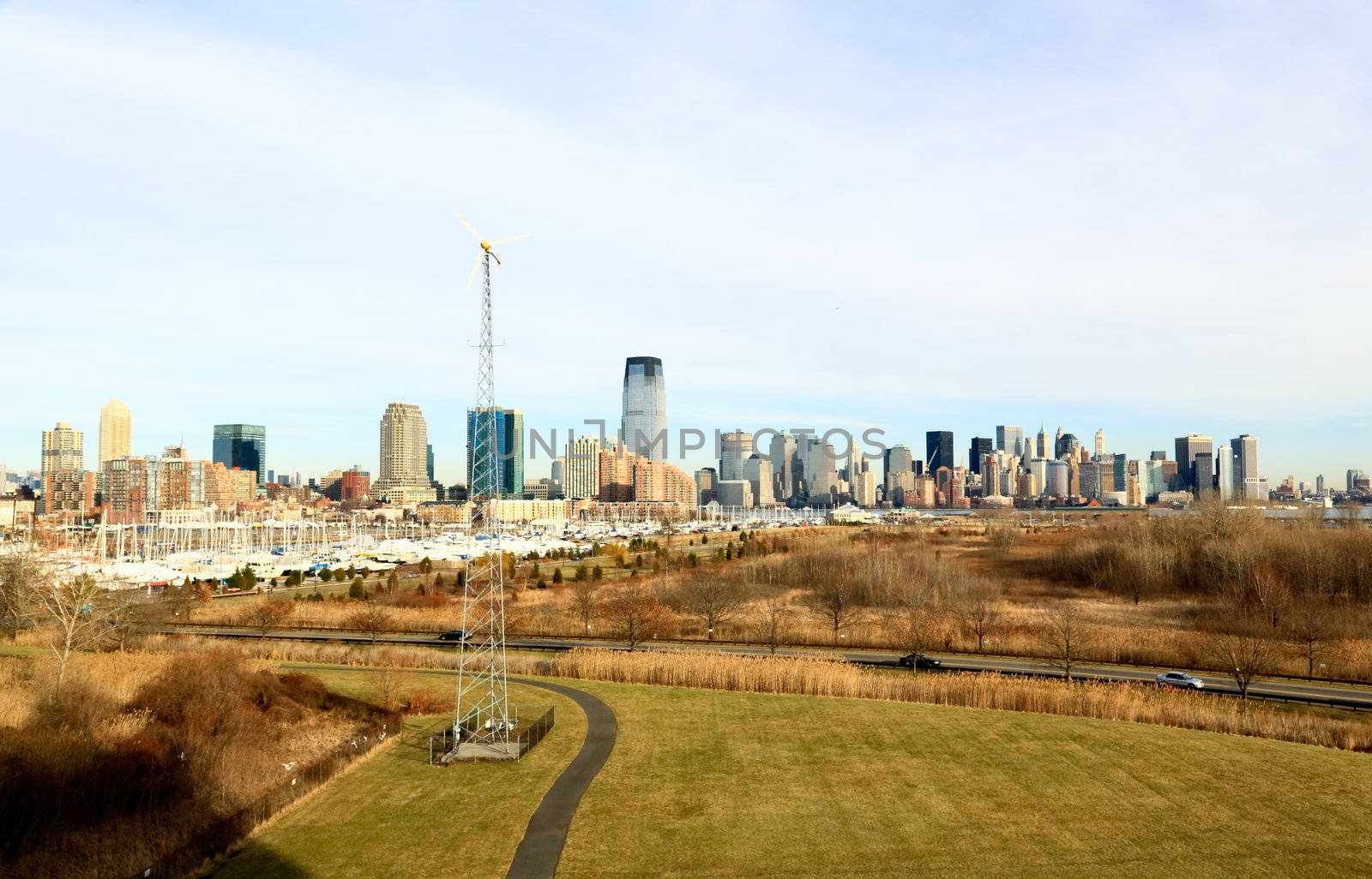 The Lower-Manhattan and the Liberty Park in a winter day