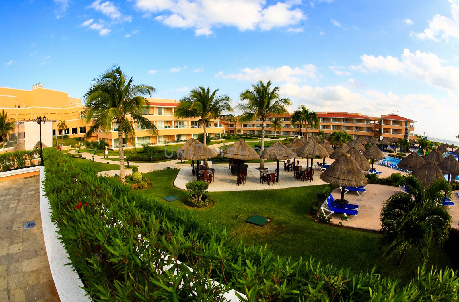a luxury all inclusive beach resort at morning in Cancun Mexico