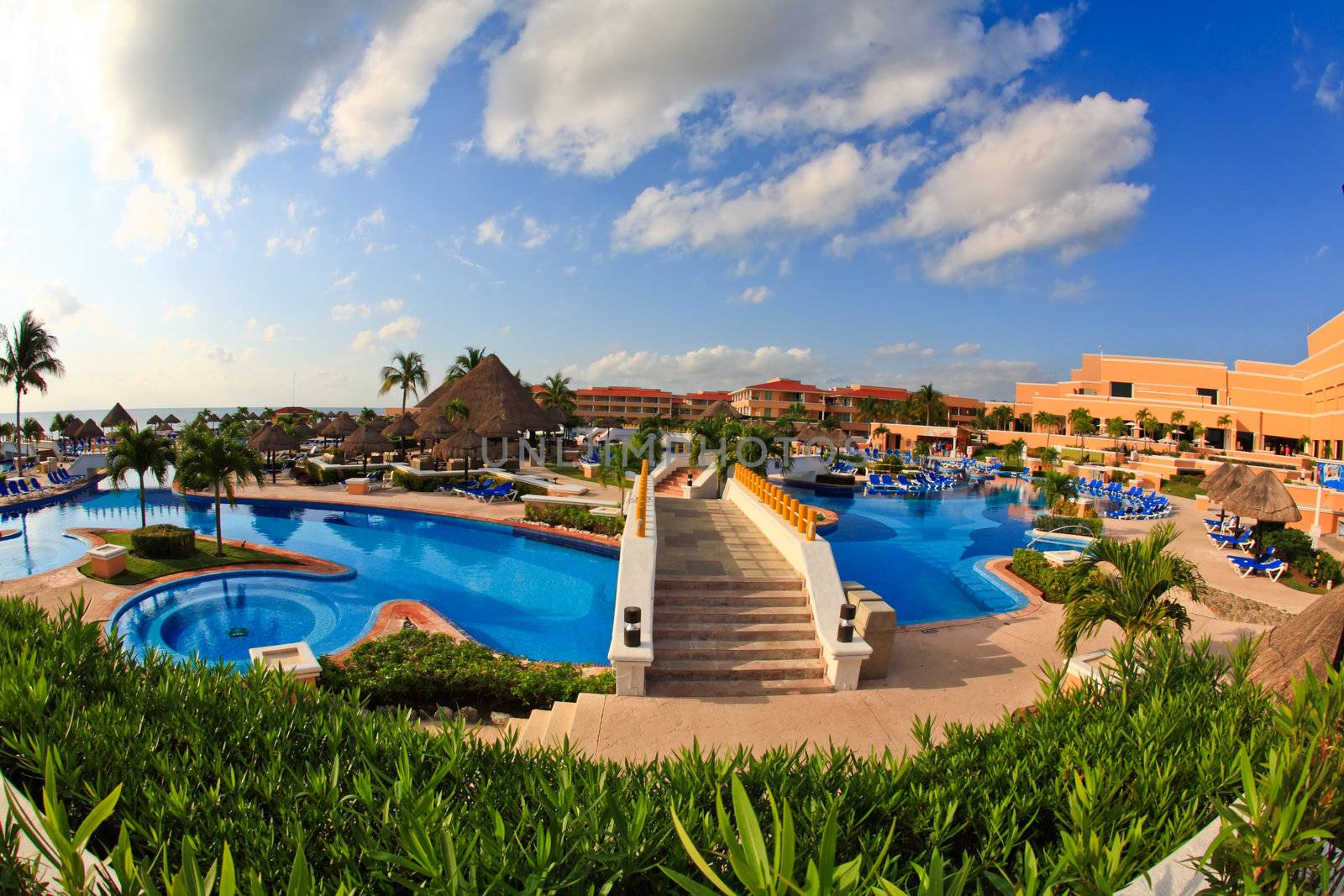 a luxury all inclusive beach resort at morning in Cancun Mexico