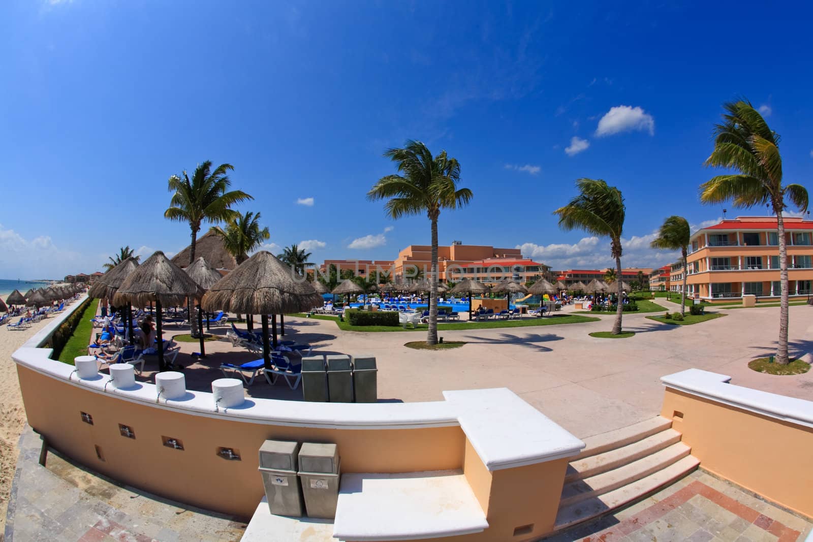 A fish-eye view of the beach front at a luxury beach resort in Cancun Mexico