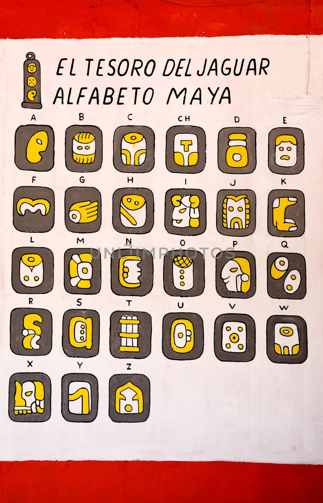 Mayan alphabets on the wall of a Mayan souvenir shop