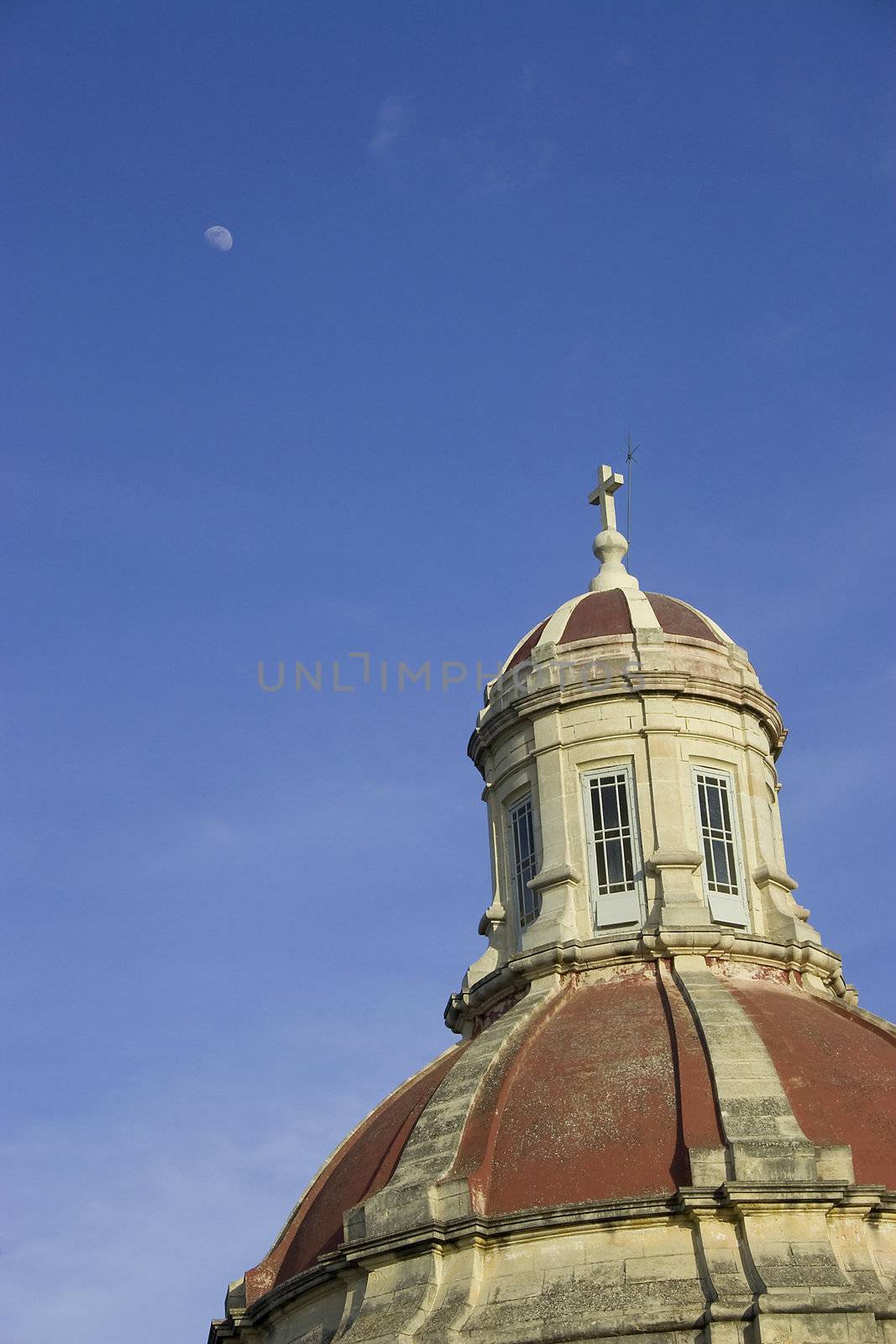 Detail of the tower of All Souls church in Valletta. Space for text