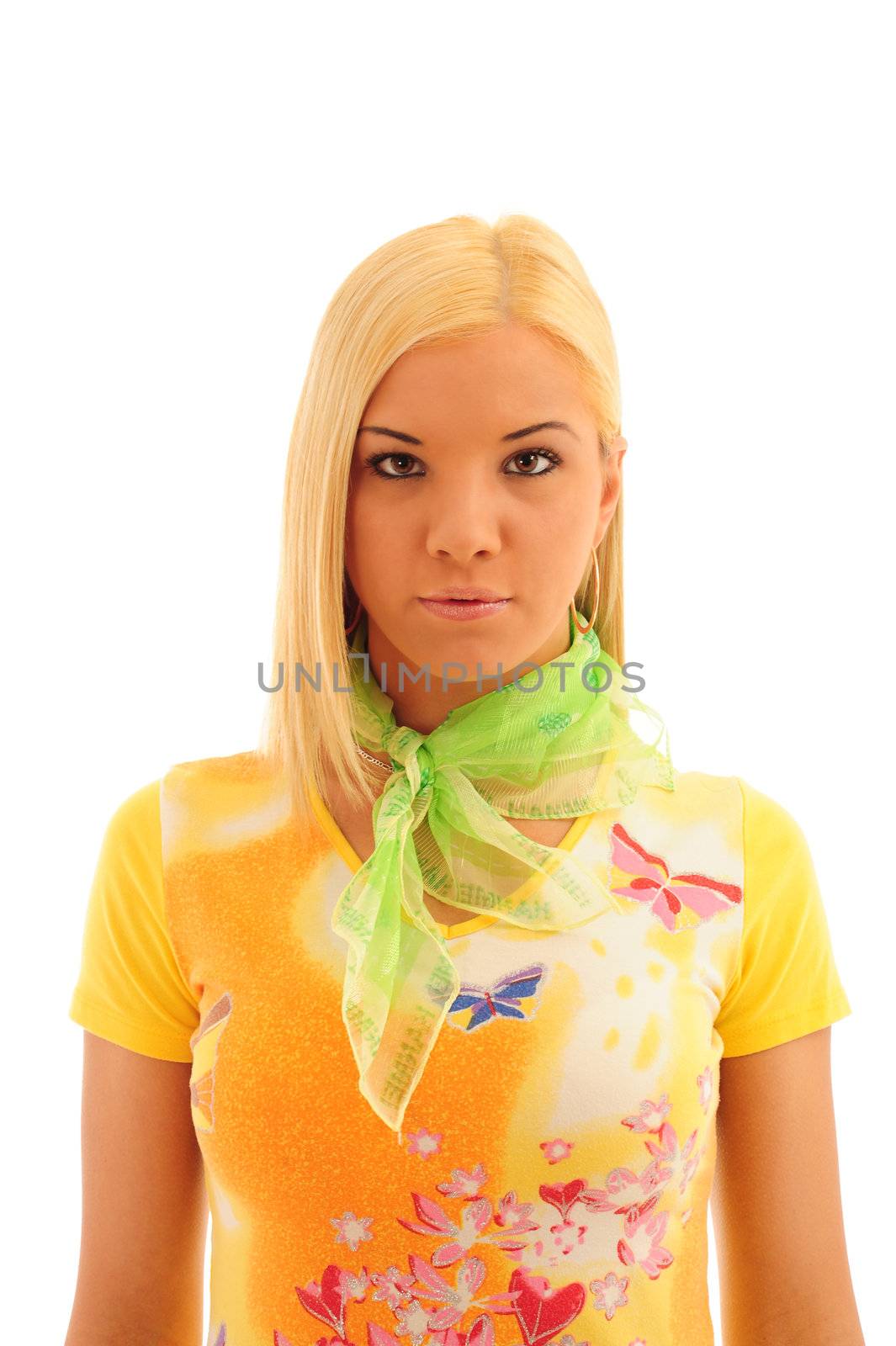 Young confident woman with blonde hair wearing a brightly colored casual outfit on a white background.