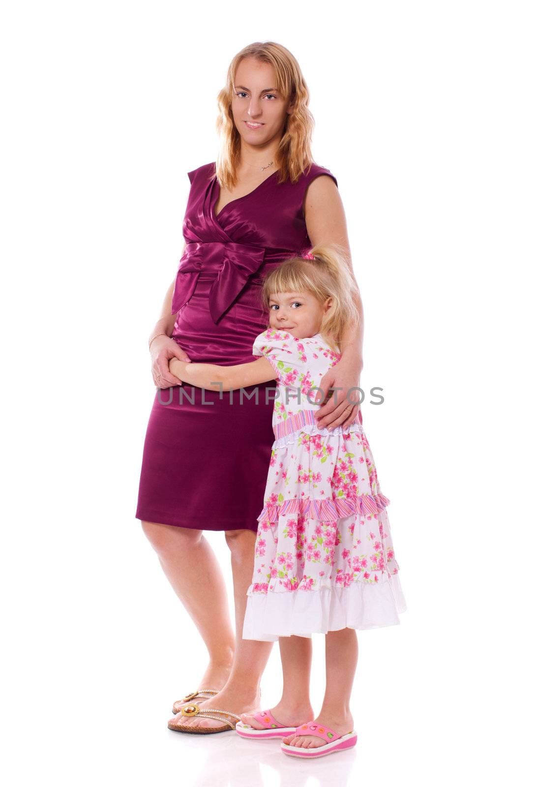 Mother with daughter standing together isolated on white