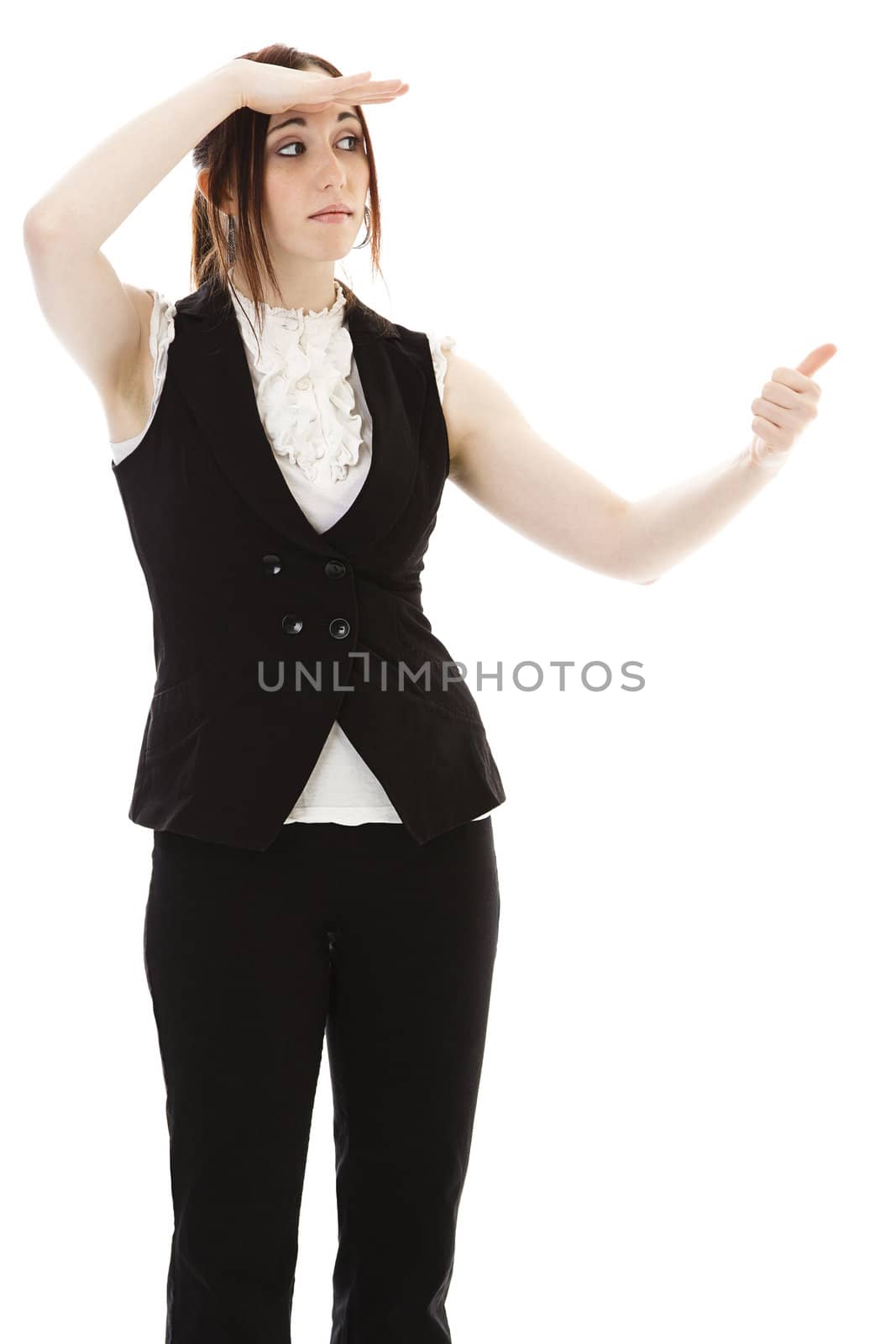 Young business woman with her thumb out and searching the horizon against white background