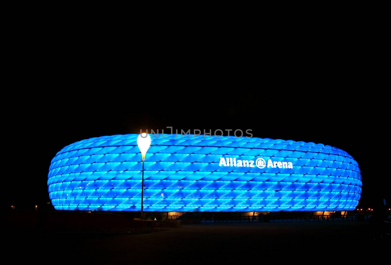 Munich, September 6, 2008, the colorful illumination of Allianz Arena, FIFA World Cup Stadium is the biggest membrane shell in the world, which is the official stadium for the 2006 World Cup, and has many nicknames ? UFO, rubber dinghy, lifebelt.