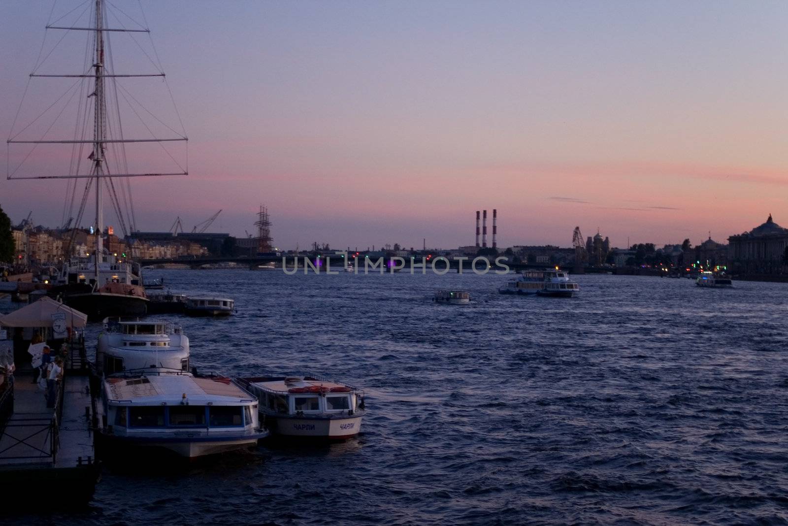 Night view at the Neva river, Saint-Petersburg, Russia