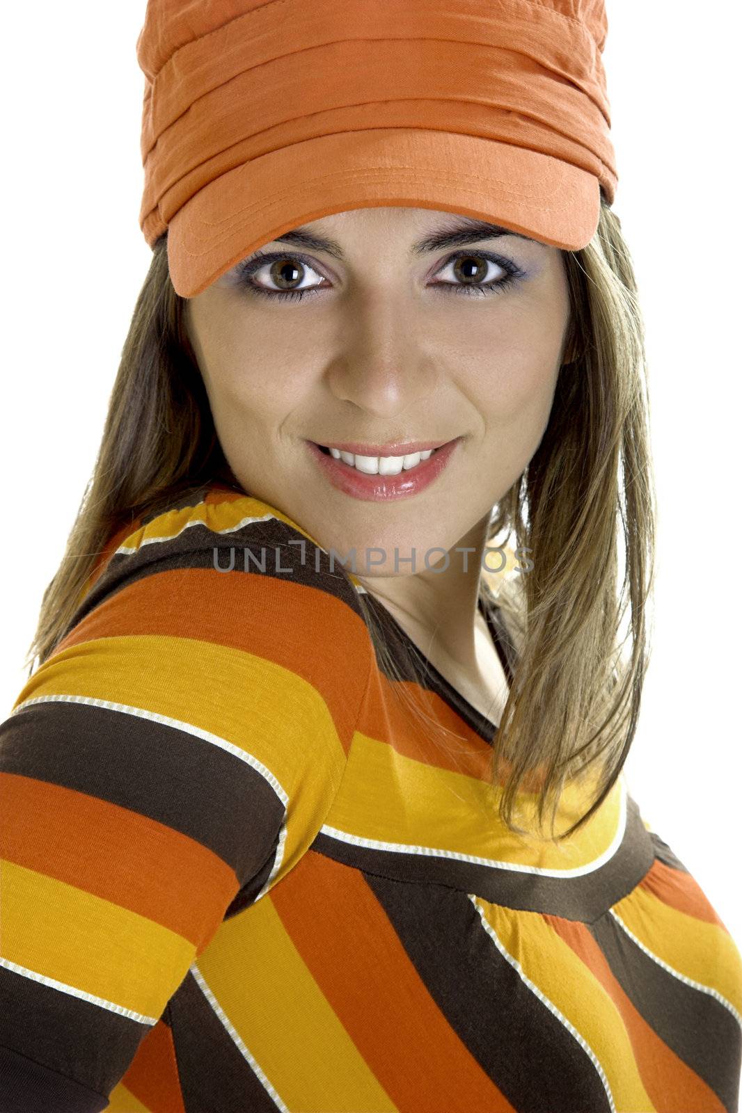 Beautiful young woman portrait with a orange hat. Isolated on white
