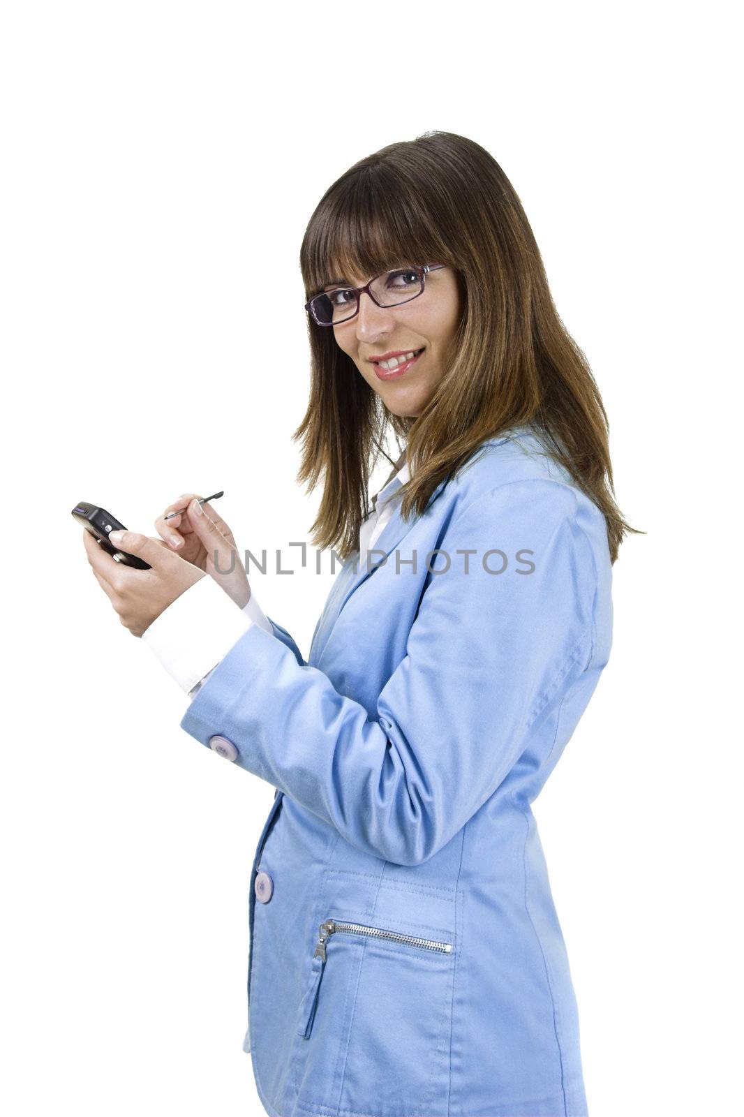 Beautiful business woman working with a PDA, isolated one white