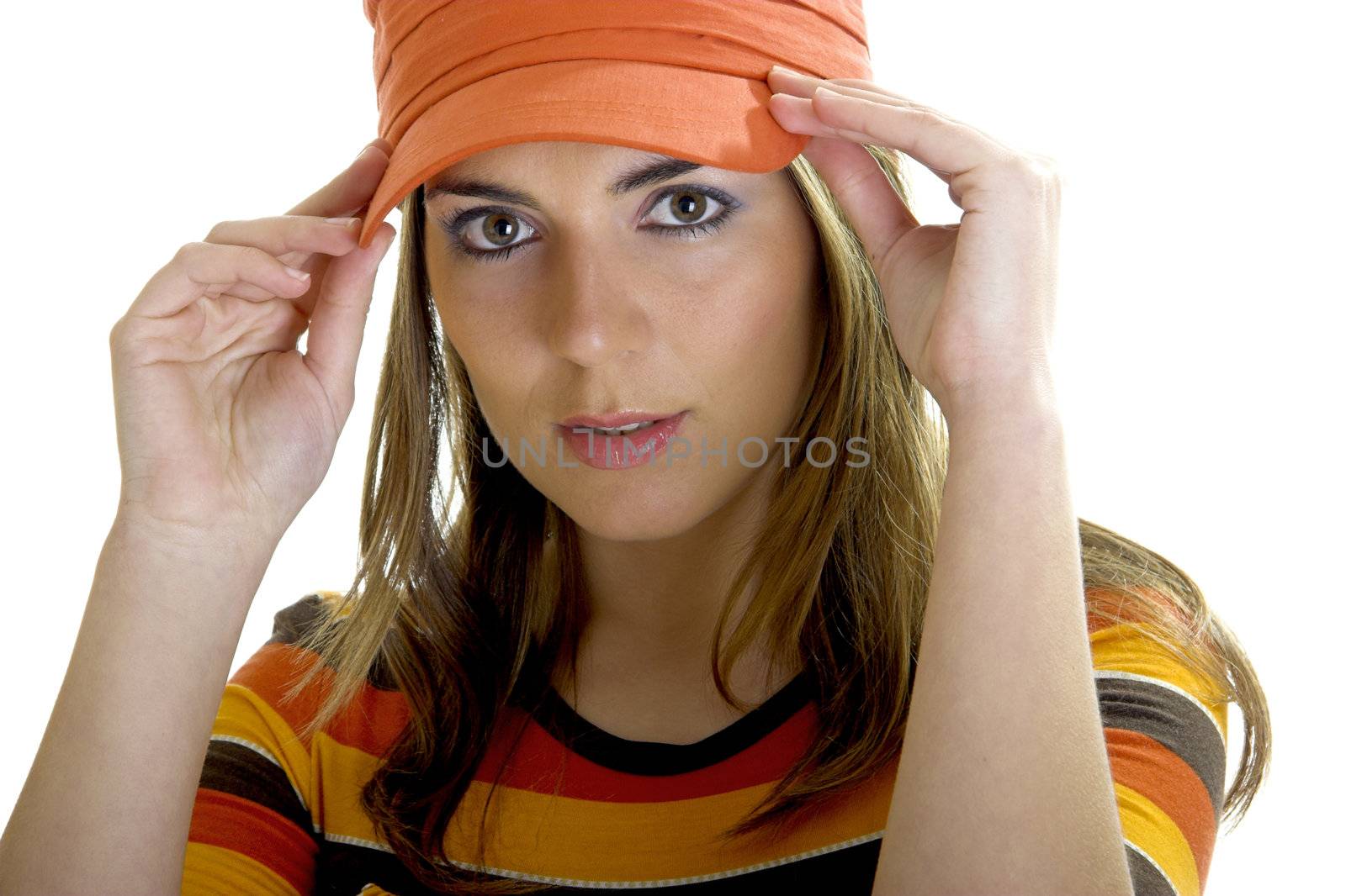 Beautiful young woman portrait with a orange hat. Isolated on white