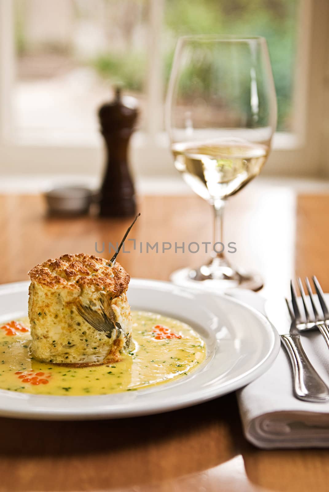 A beautiful fish souffle served in a restaurant.