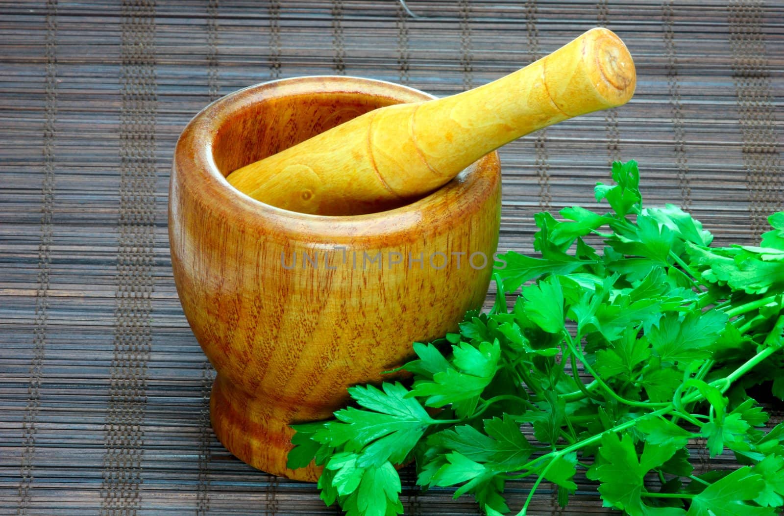 Old wooden mortar and pestle