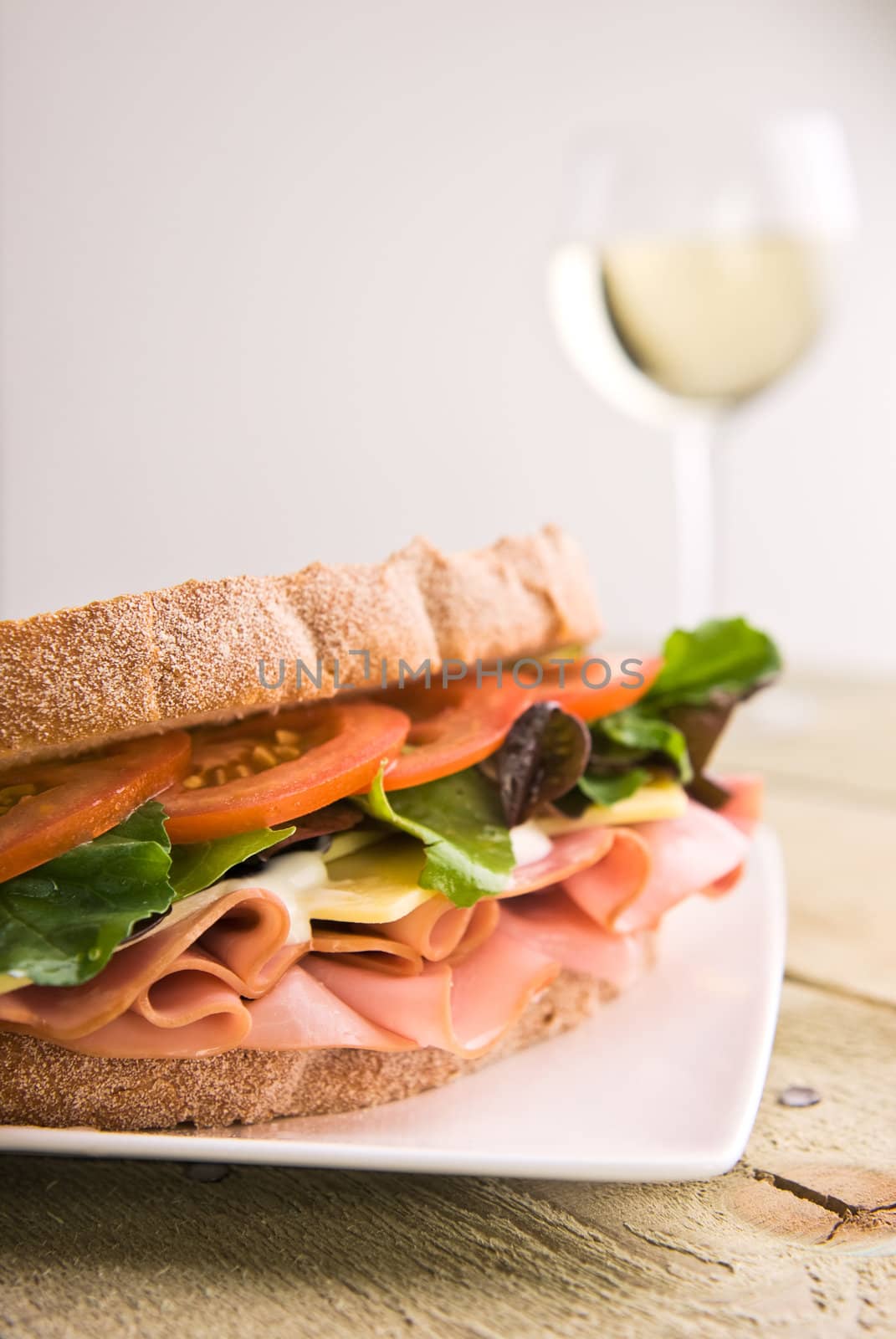 A gourmet sandwich with a glass of wine in the background.