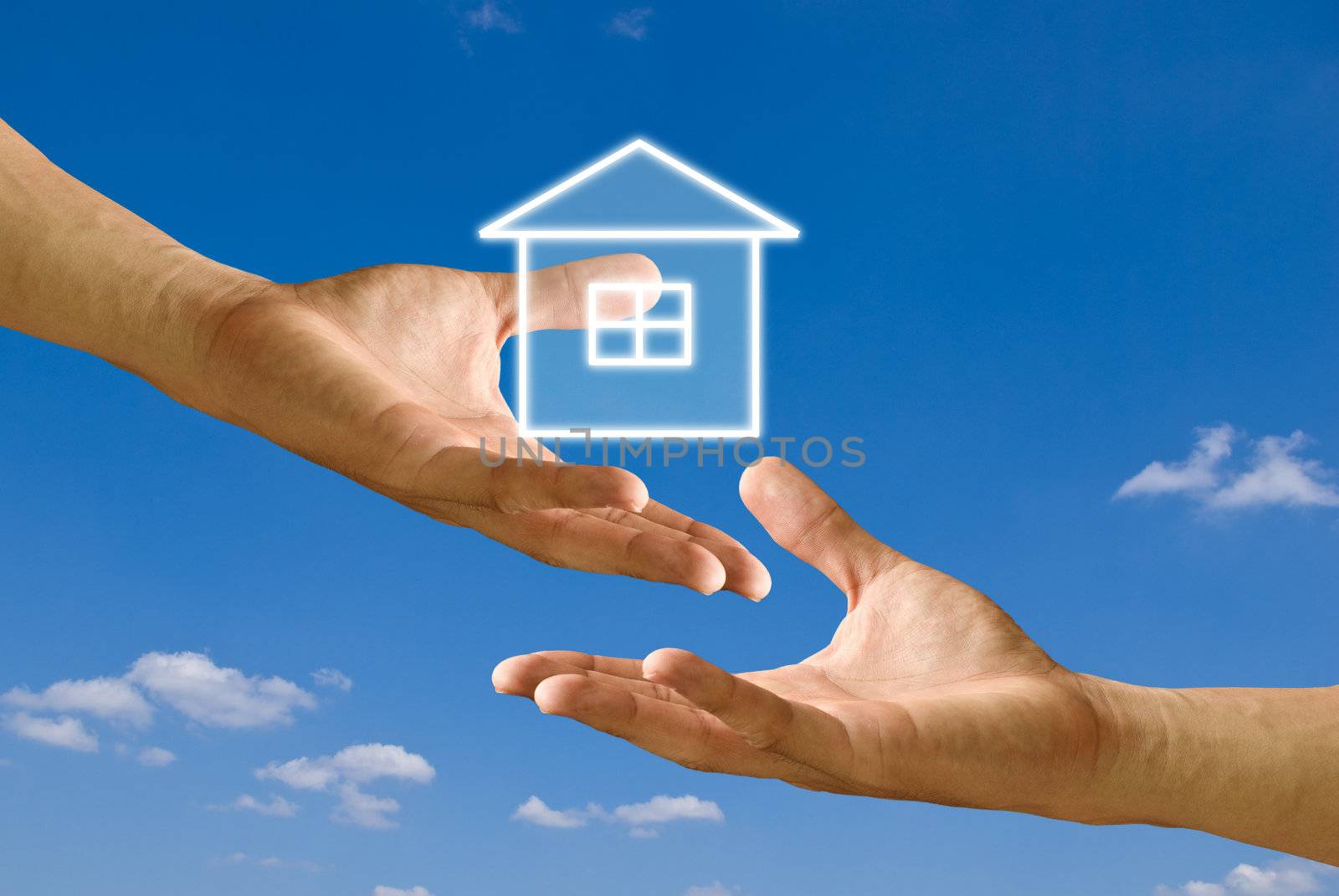 Seller hand send house to buyer hand, Concept