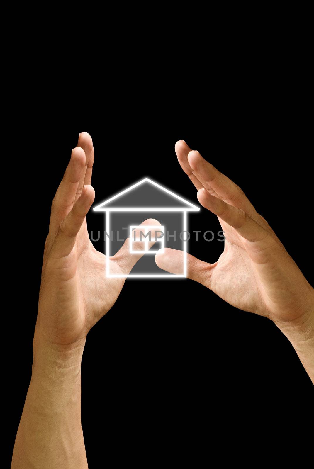 The hand hold the house icon on black background by pixbox77