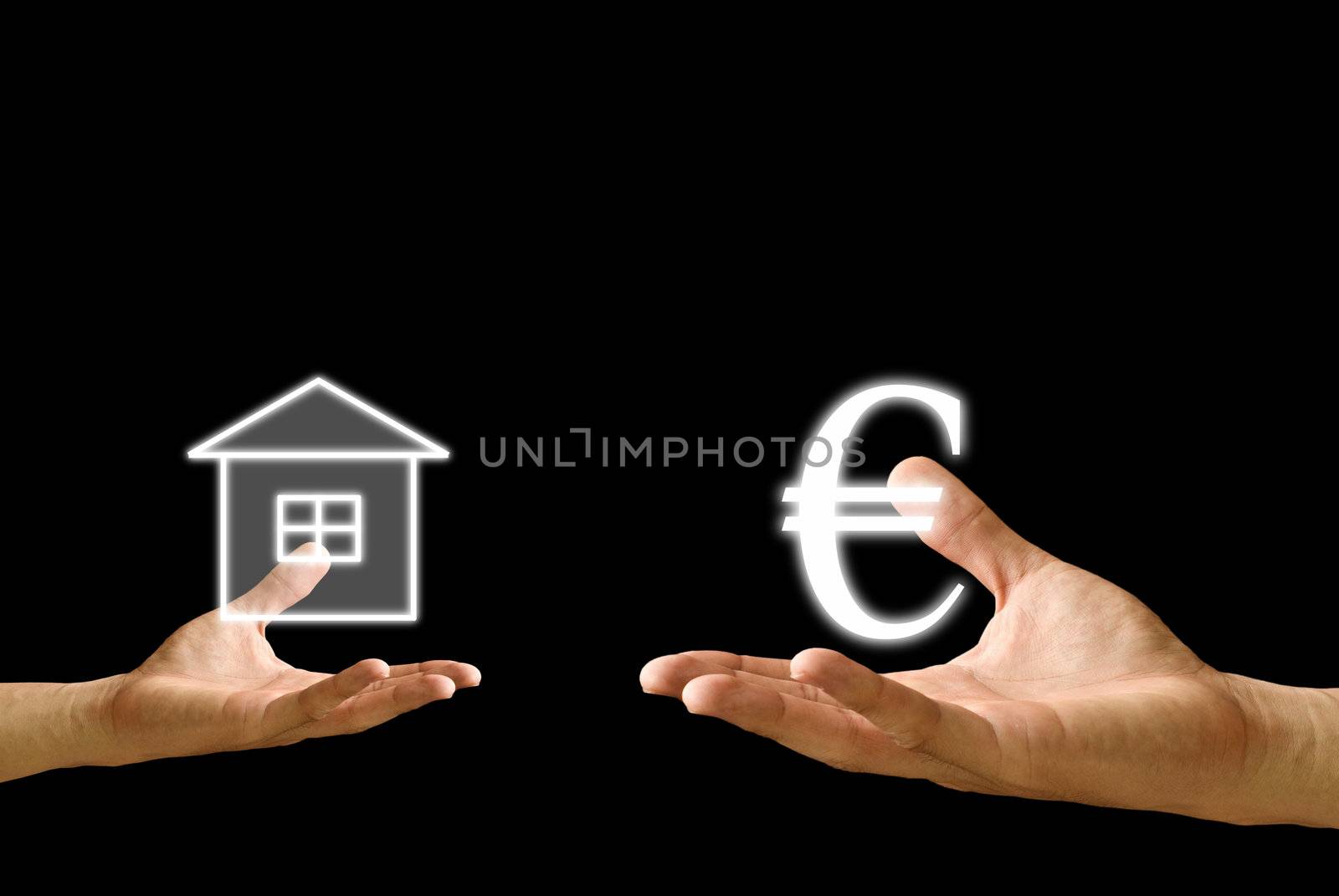 Small hand exchange Euro icon with house icon from big hand, Concept