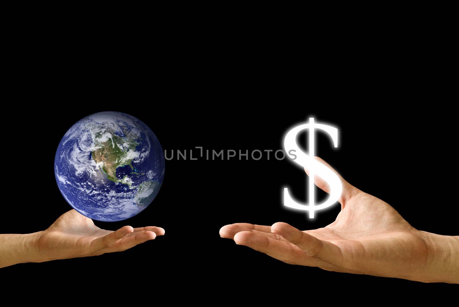 Small hand exchange the earth with dollar icon