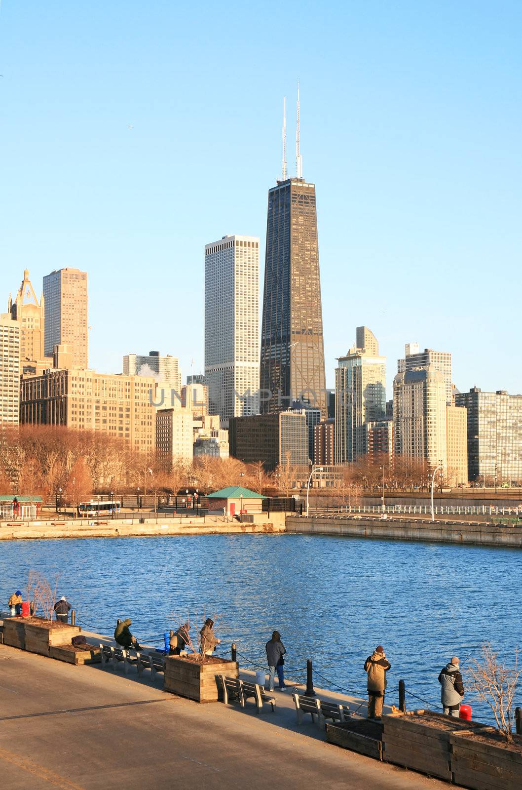 The high-rise buildings in the downtown Chicago