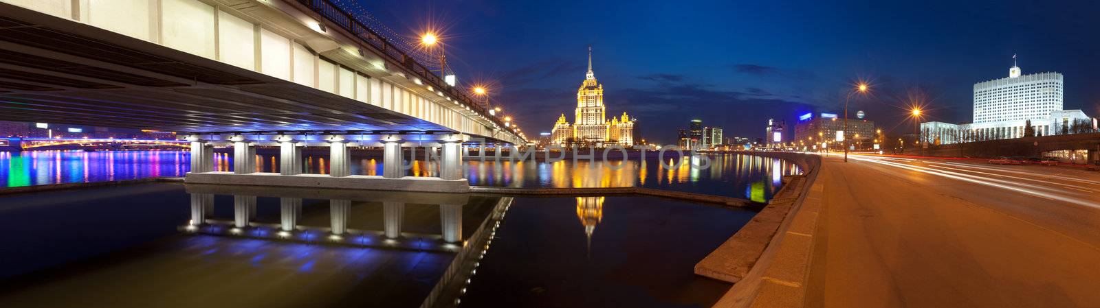View  of the hotel Ukraine, the New Arbat bridge and the House of Government of Russian Federation (the Russian White House) from  Krasnopresnenskaya quay. Panorama.