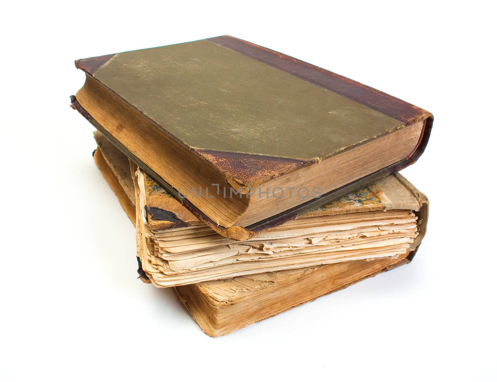 An old book with a crumpled sheet and hardcover isolated on white background