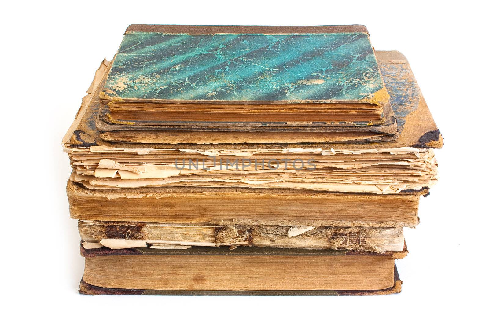 An old book with a crumpled sheet and hardcover isolated on white background