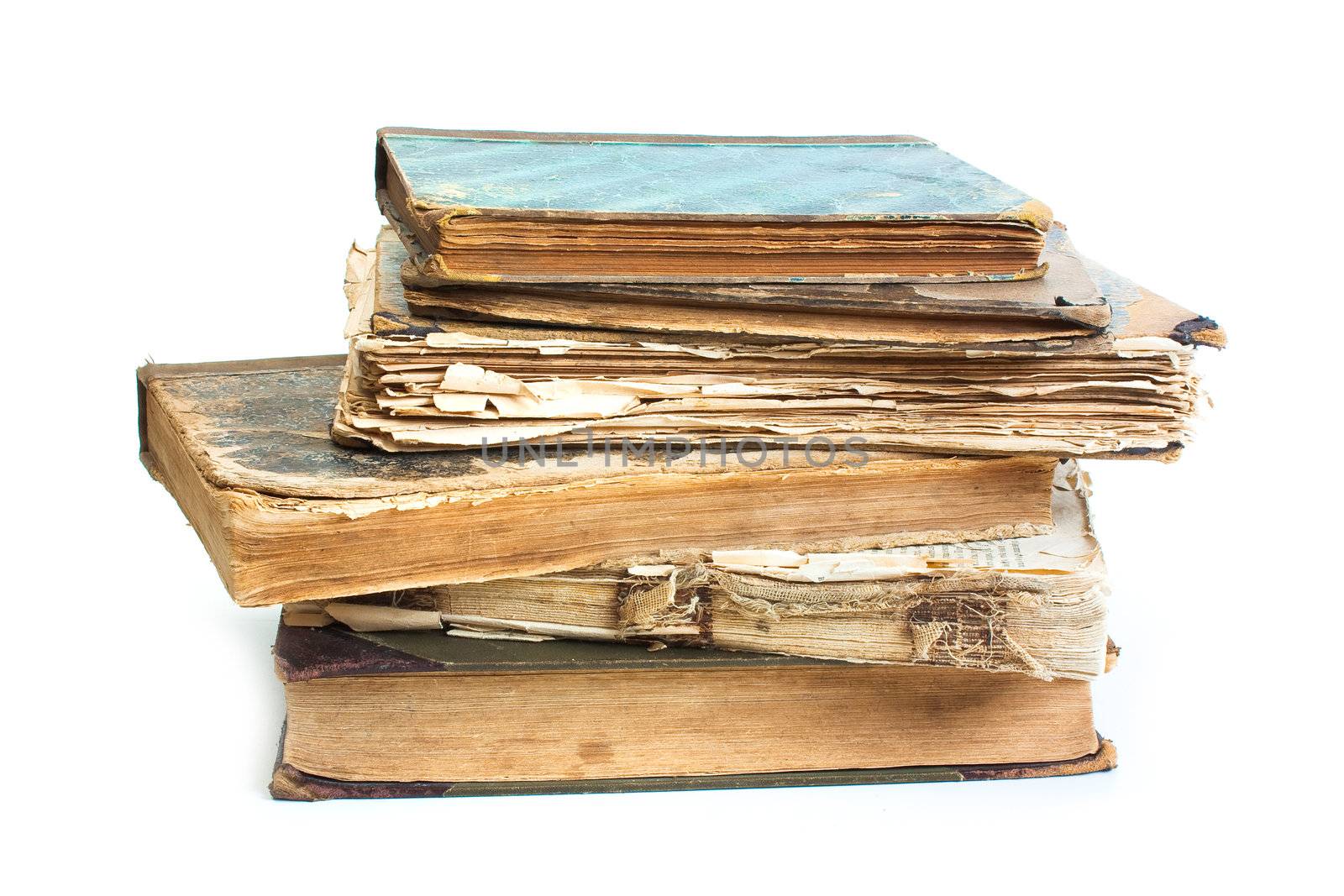 An old book with a crumpled sheet and hardcover isolated on white background