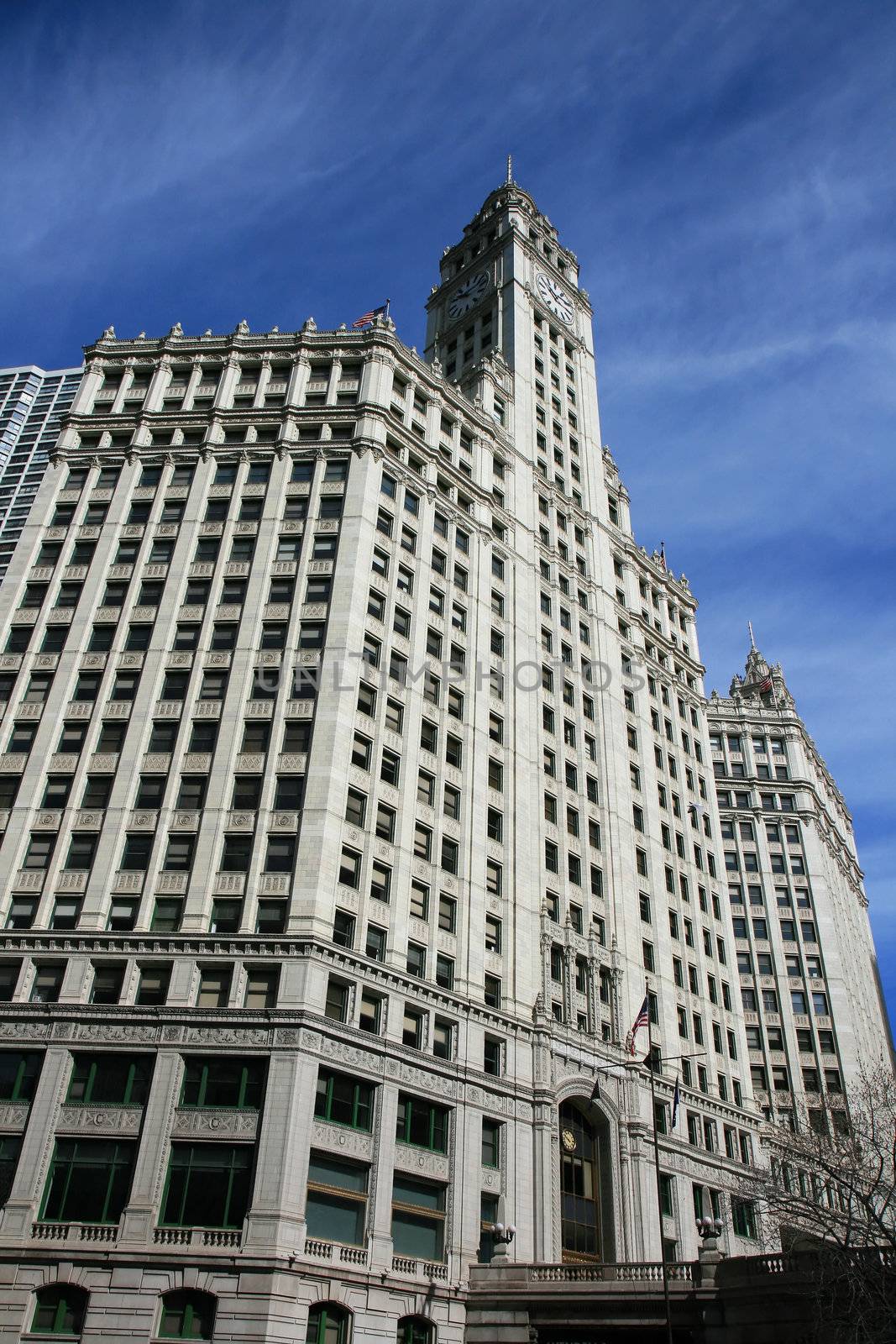 The high-rise buildings in the downtown Chicago