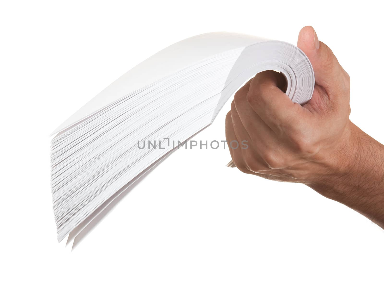 a stack of paper in hand isolated on white background