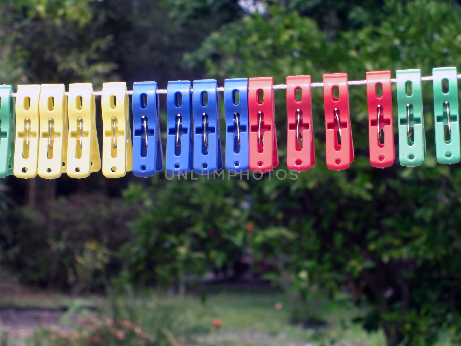 Various colors of pegs are hanging on a clothes line