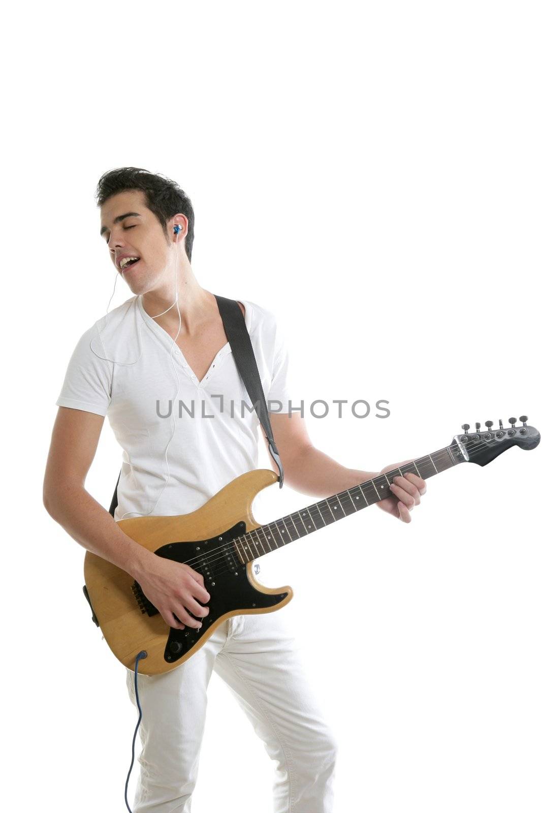 Musician young man playing electric guitar isolated on white