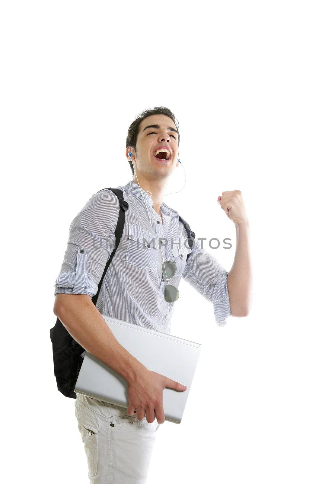 Happy student positive gesture with laptop computer isolated on white