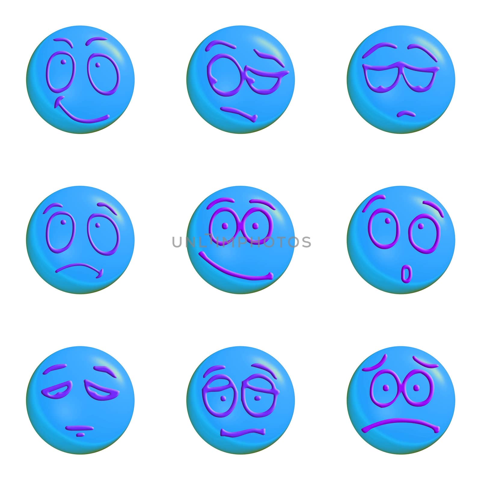 set of blue emoticons 3d on a white background