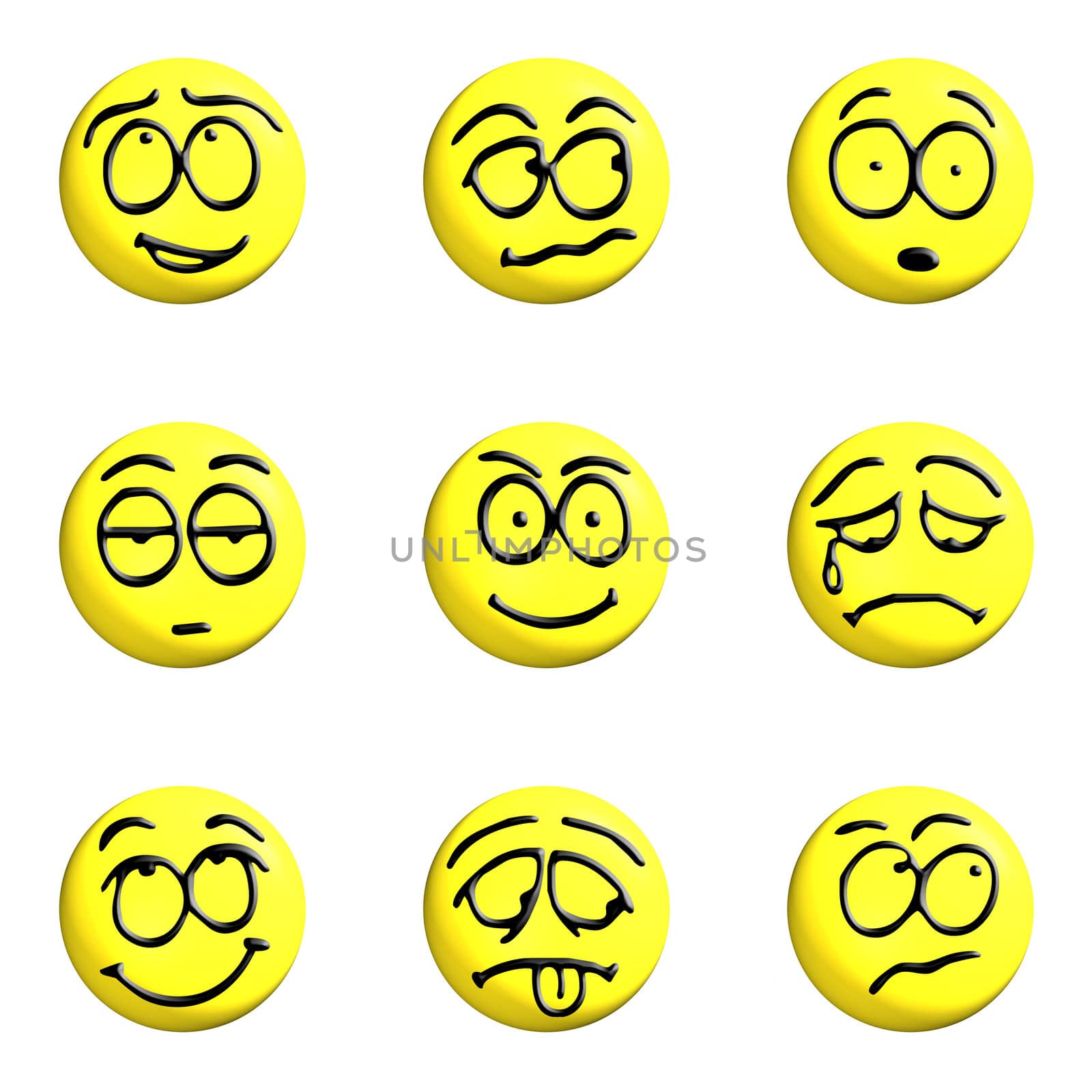 set of yellow emoticons 3d on a white background