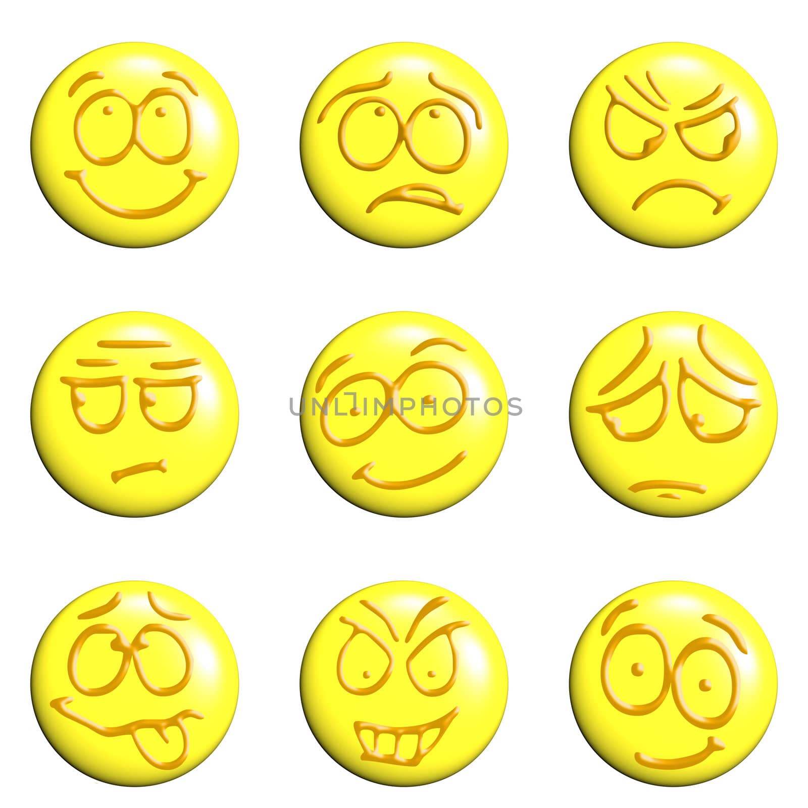 set of yellow emoticons 3d on a white background