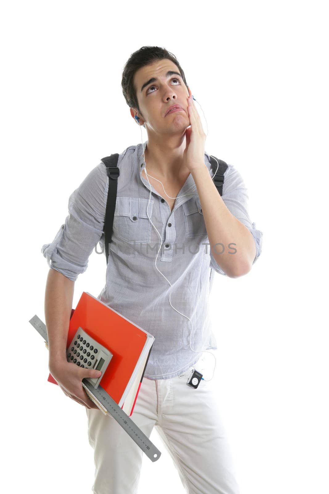 Caucasian student worried with negative gesture isolated on white