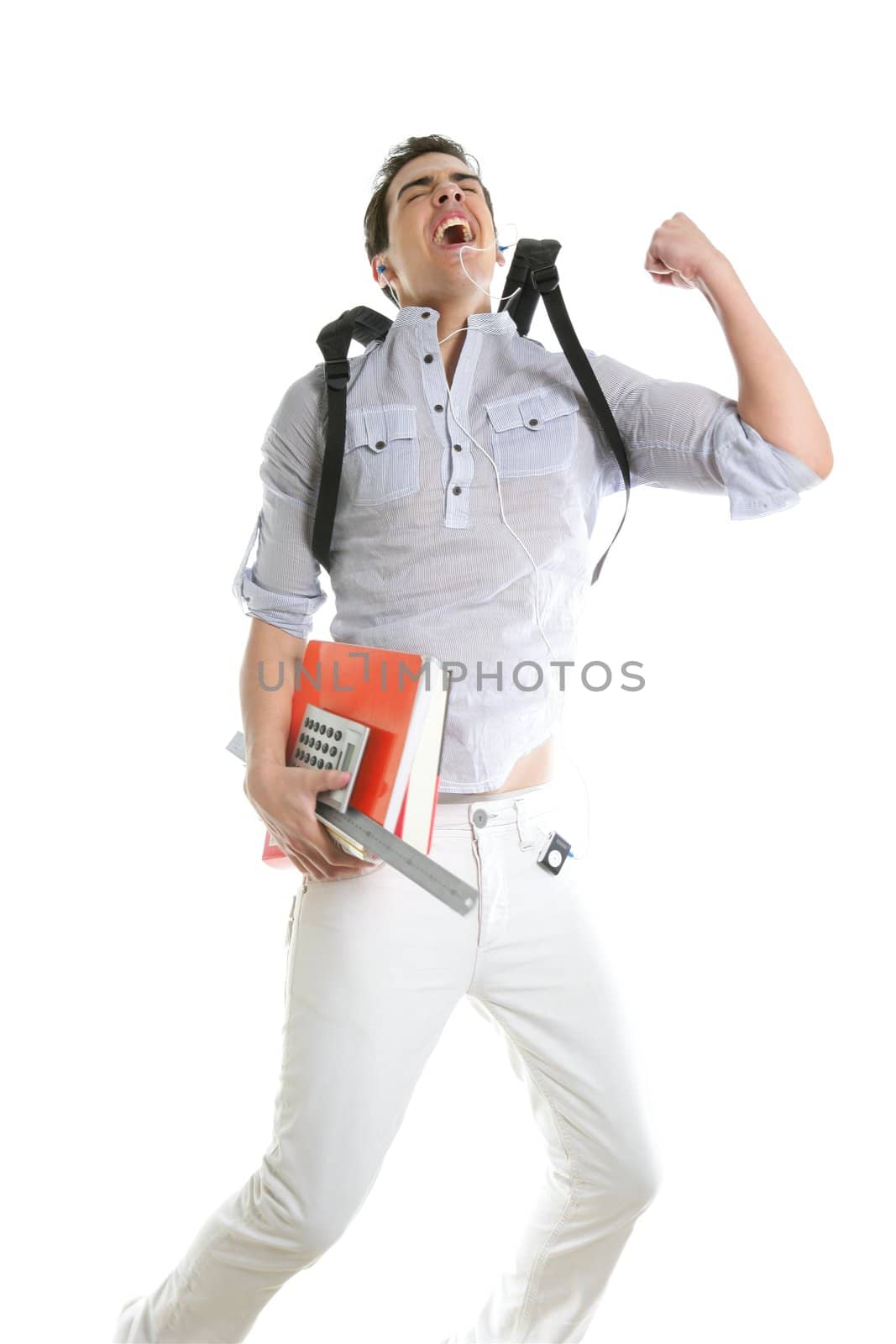 Happy student jump with college stuff in hand isolated on white