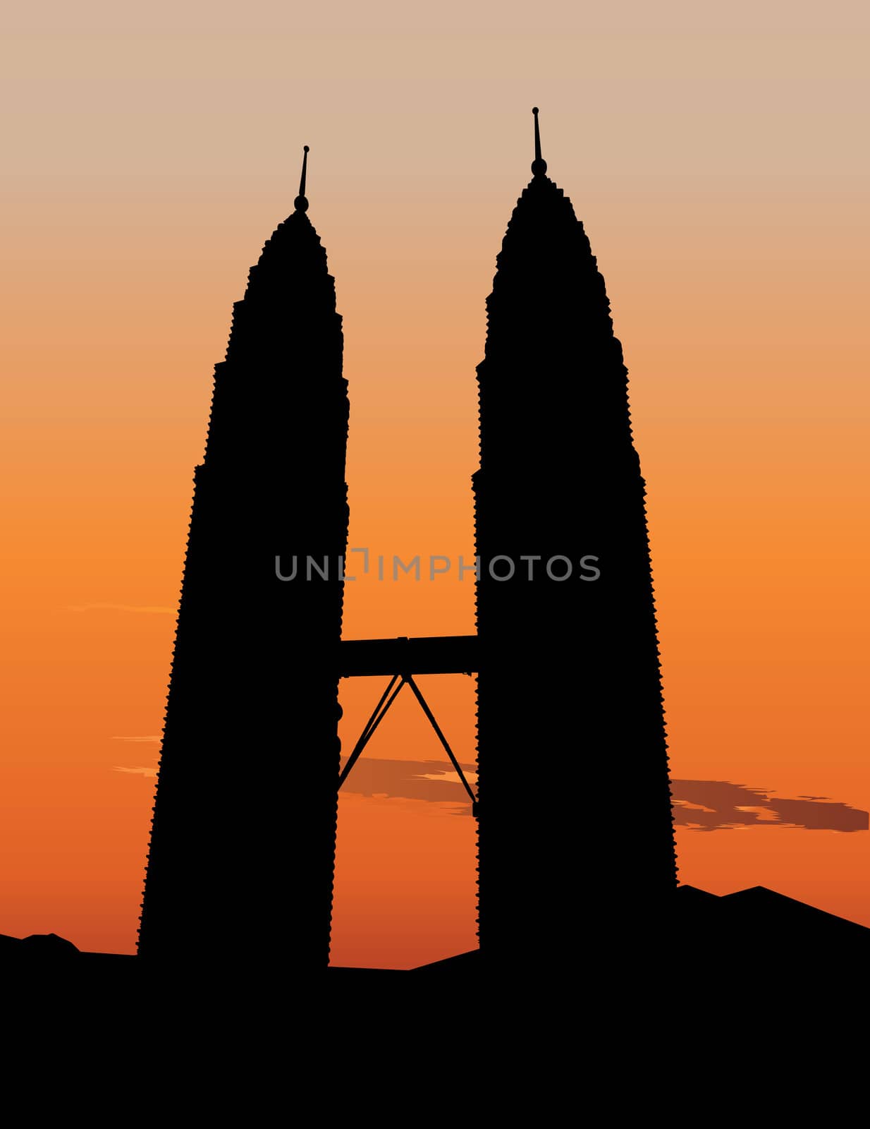 Illustration of of the Petronas Twin Towers in Kuala Lumpur, Malaisia at sunset