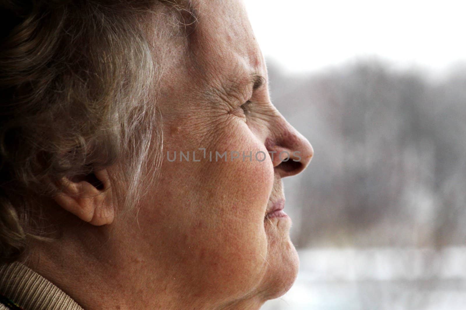 Elderly woman looking out a window