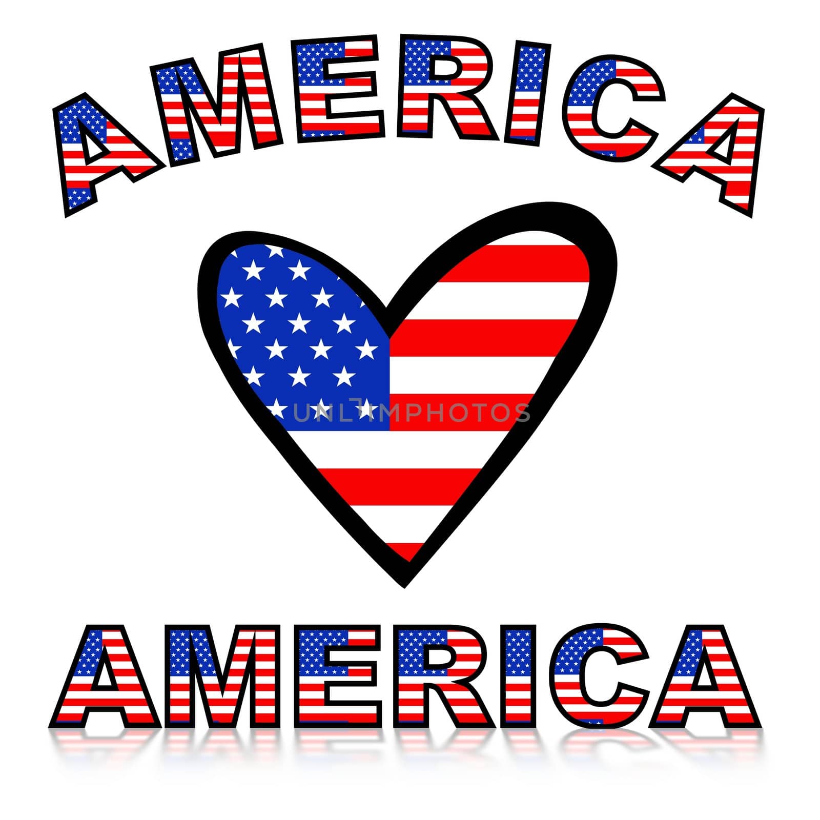 Illustration of a heart with United states of America flag texture and text