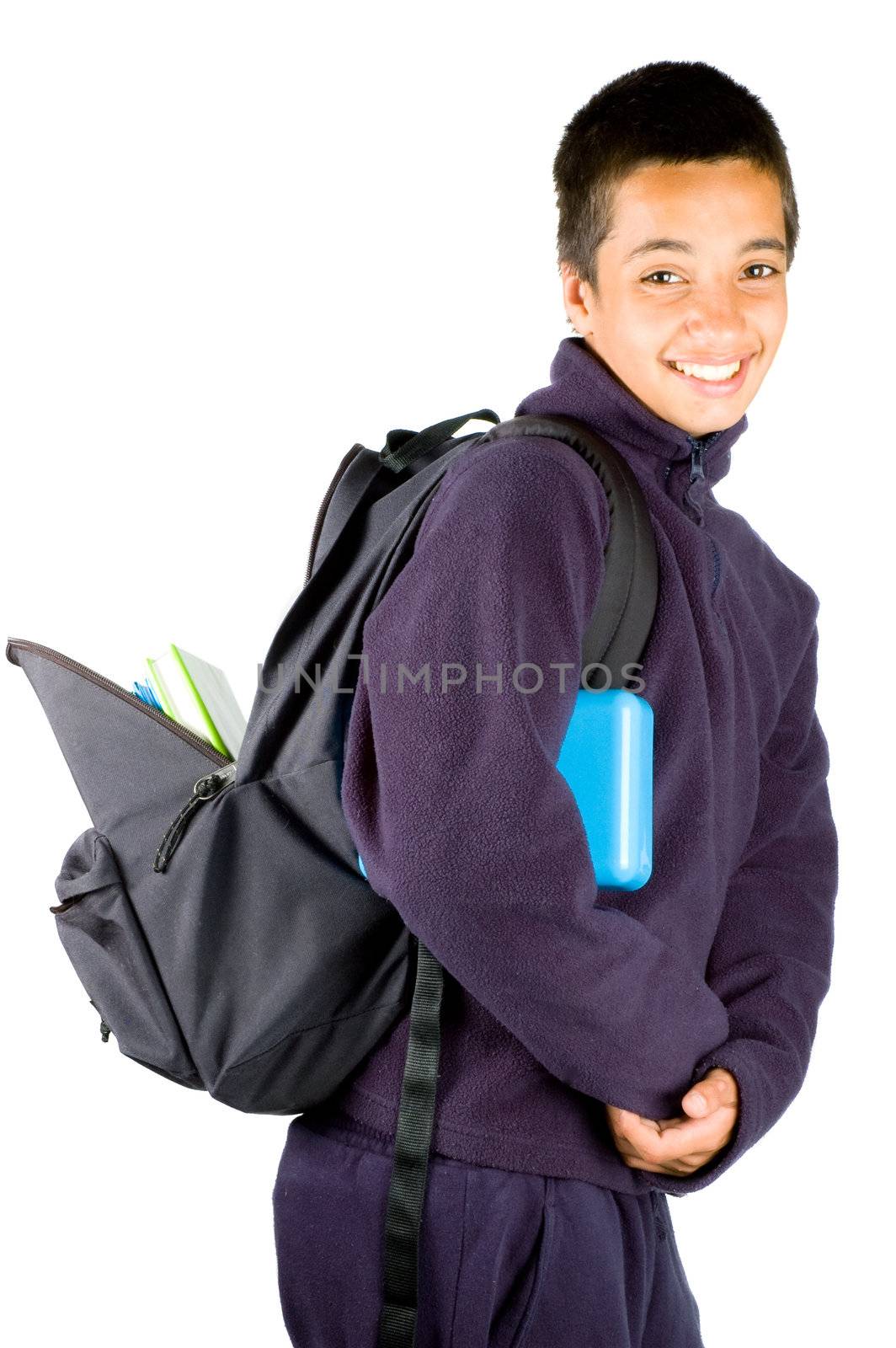 happy pakistan schoolboy is going to school isolated on white